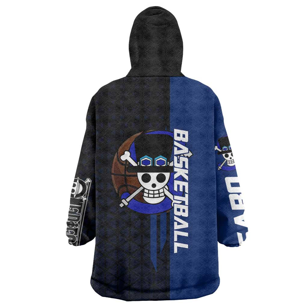 Sabo One Piece Basketball Theme Blue and Black Design Wearable Blanket Hoodie with Top Hat Emblem and Action Dribble Pose - The Mazicc