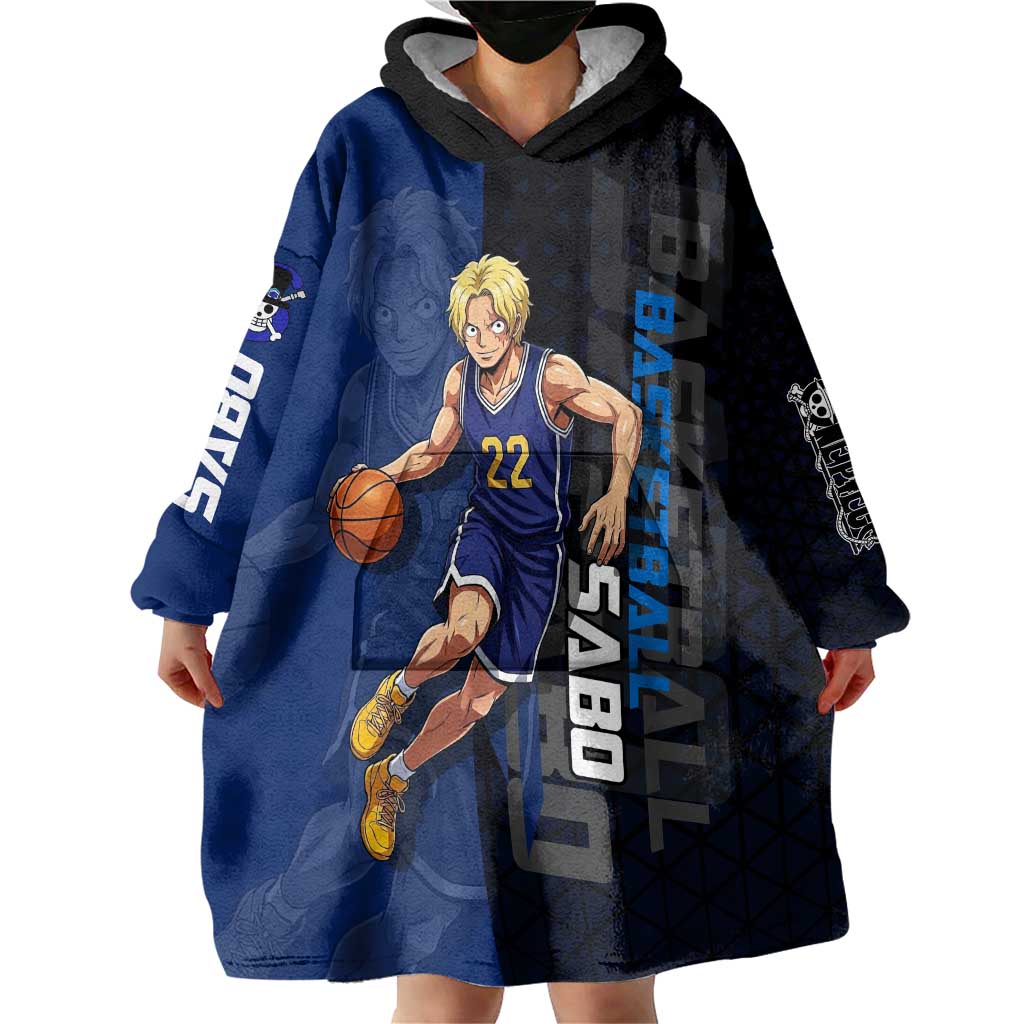 Sabo One Piece Basketball Theme Blue and Black Design Wearable Blanket Hoodie with Top Hat Emblem and Action Dribble Pose - The Mazicc