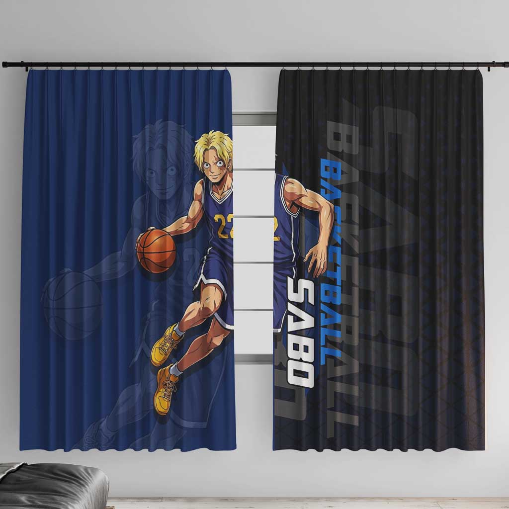 Sabo One Piece Basketball Theme Blue and Black Design Window Curtain with Top Hat Emblem and Action Dribble Pose - The Mazicc