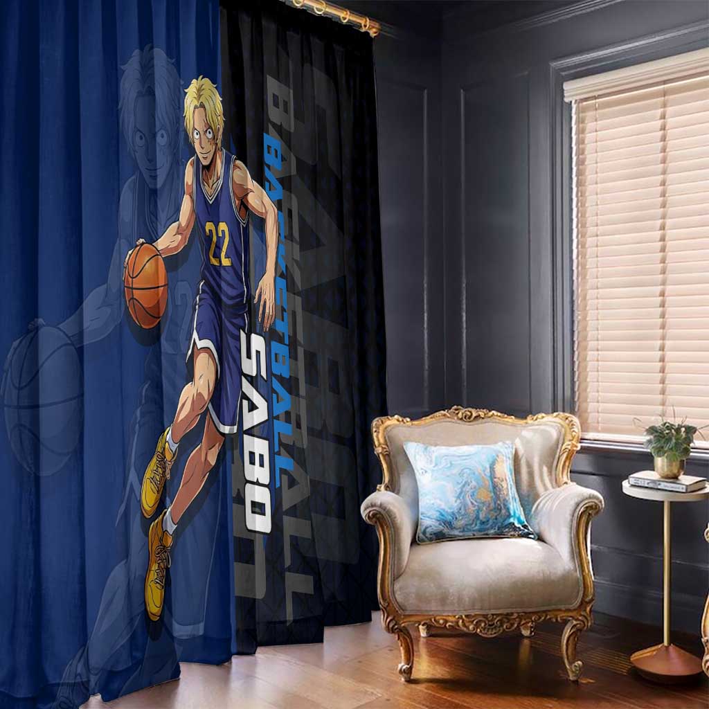 Sabo One Piece Basketball Theme Blue and Black Design Window Curtain with Top Hat Emblem and Action Dribble Pose - The Mazicc