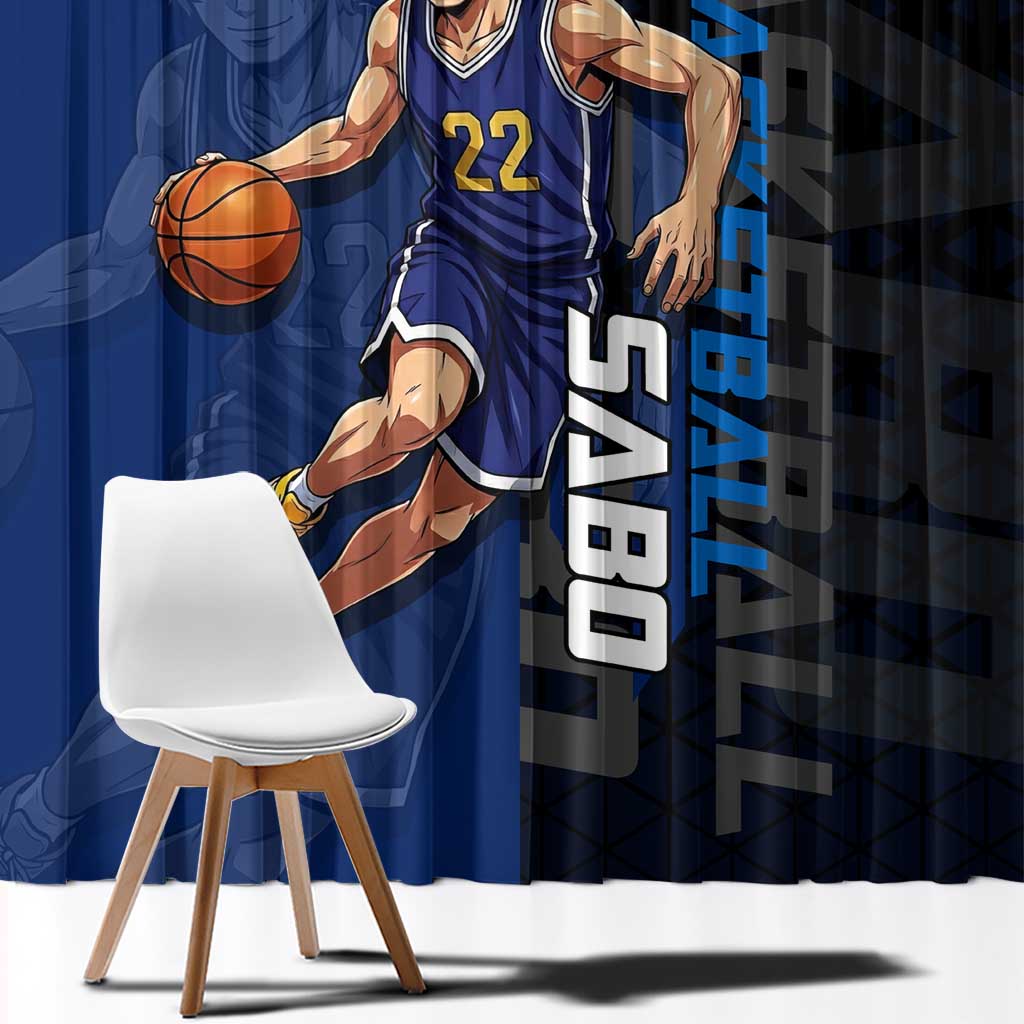 Sabo One Piece Basketball Theme Blue and Black Design Window Curtain with Top Hat Emblem and Action Dribble Pose - The Mazicc