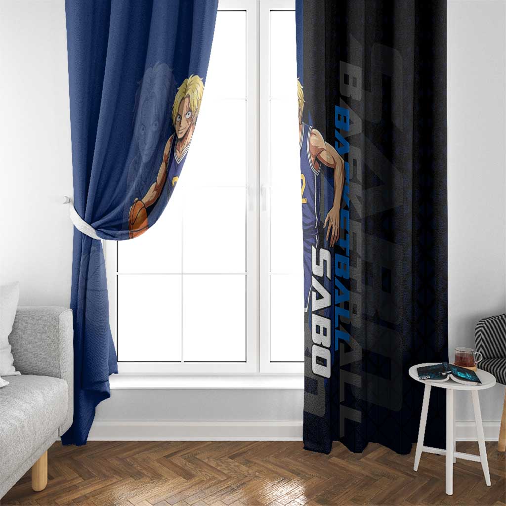 Sabo One Piece Basketball Theme Blue and Black Design Window Curtain with Top Hat Emblem and Action Dribble Pose - The Mazicc