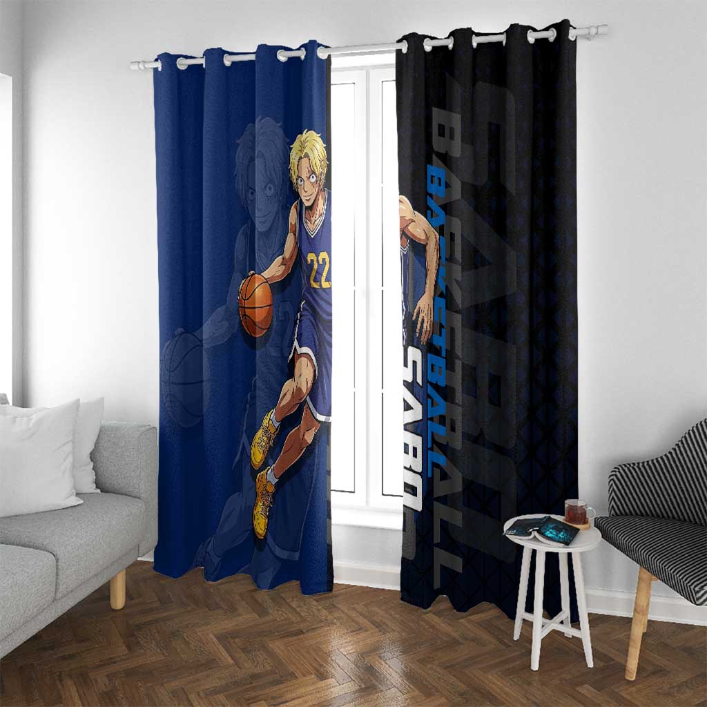 Sabo One Piece Basketball Theme Blue and Black Design Window Curtain with Top Hat Emblem and Action Dribble Pose - The Mazicc