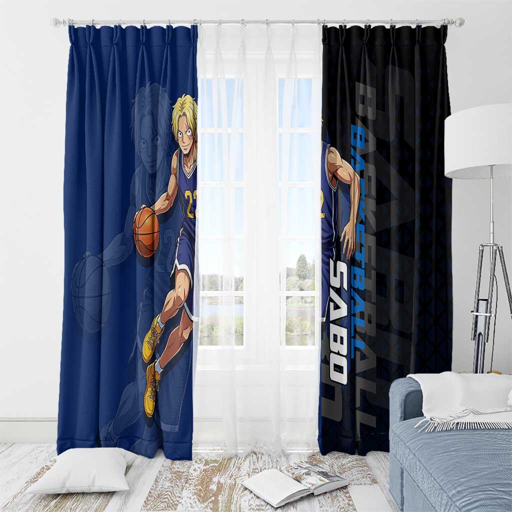 Sabo One Piece Basketball Theme Blue and Black Design Window Curtain with Top Hat Emblem and Action Dribble Pose - The Mazicc