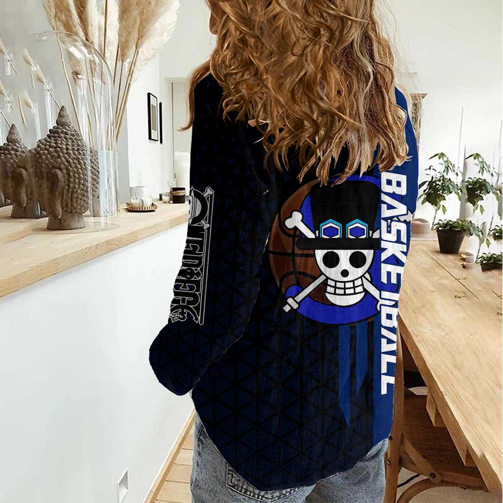 Sabo One Piece Basketball Theme Blue and Black Design Women Casual Shirt with Top Hat Emblem and Action Dribble Pose - The Mazicc