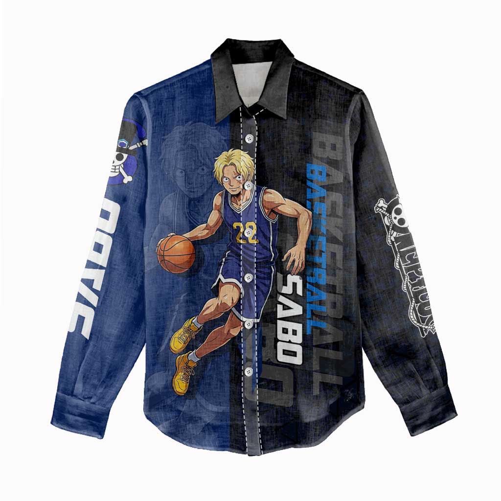 Sabo One Piece Basketball Theme Blue and Black Design Women Casual Shirt with Top Hat Emblem and Action Dribble Pose - The Mazicc