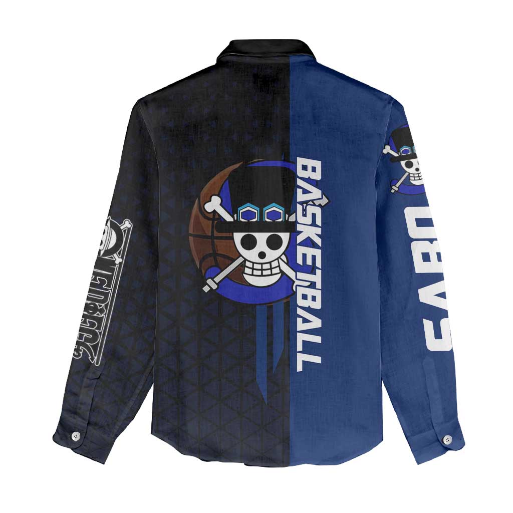 Sabo One Piece Basketball Theme Blue and Black Design Women Casual Shirt with Top Hat Emblem and Action Dribble Pose - The Mazicc