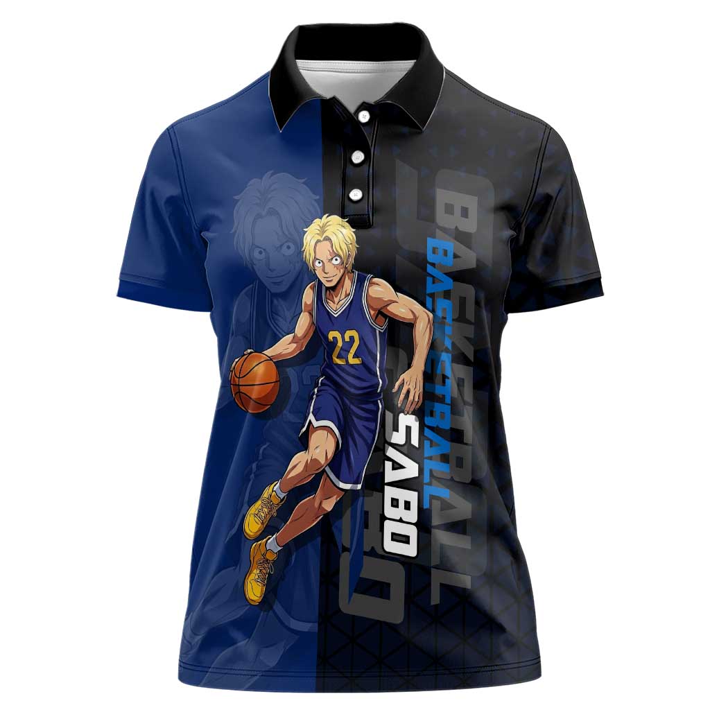 Sabo One Piece Basketball Theme Blue and Black Design Women Polo Shirt with Top Hat Emblem and Action Dribble Pose - The Mazicc