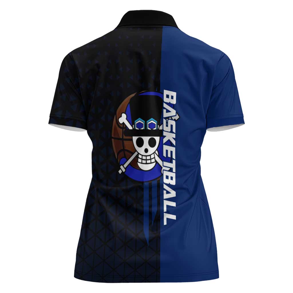 Sabo One Piece Basketball Theme Blue and Black Design Women Polo Shirt with Top Hat Emblem and Action Dribble Pose - The Mazicc