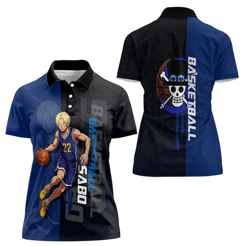 Sabo One Piece Basketball Theme Blue and Black Design Women Polo Shirt with Top Hat Emblem and Action Dribble Pose - The Mazicc