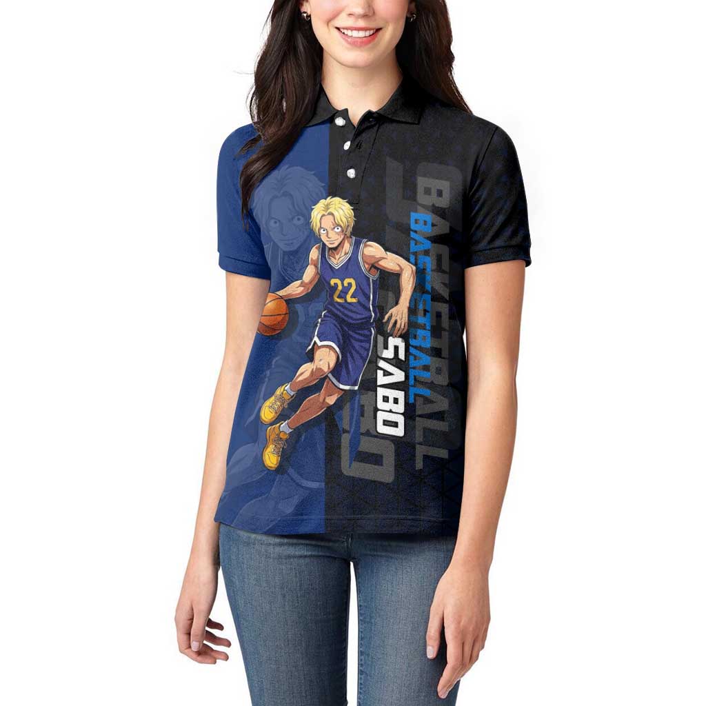 Sabo One Piece Basketball Theme Blue and Black Design Women Polo Shirt with Top Hat Emblem and Action Dribble Pose - The Mazicc