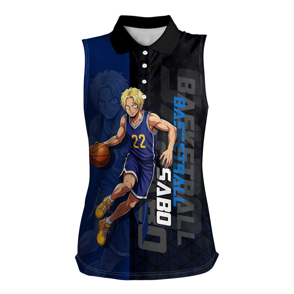 Sabo One Piece Basketball Theme Blue and Black Design Women Sleeveless Polo Shirt with Top Hat Emblem and Action Dribble Pose - The Mazicc