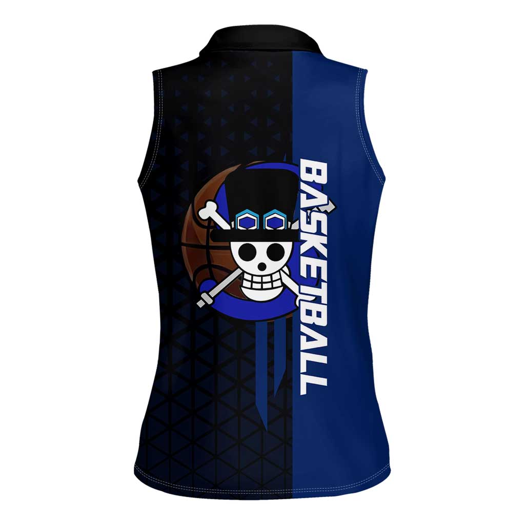 Sabo One Piece Basketball Theme Blue and Black Design Women Sleeveless Polo Shirt with Top Hat Emblem and Action Dribble Pose - The Mazicc