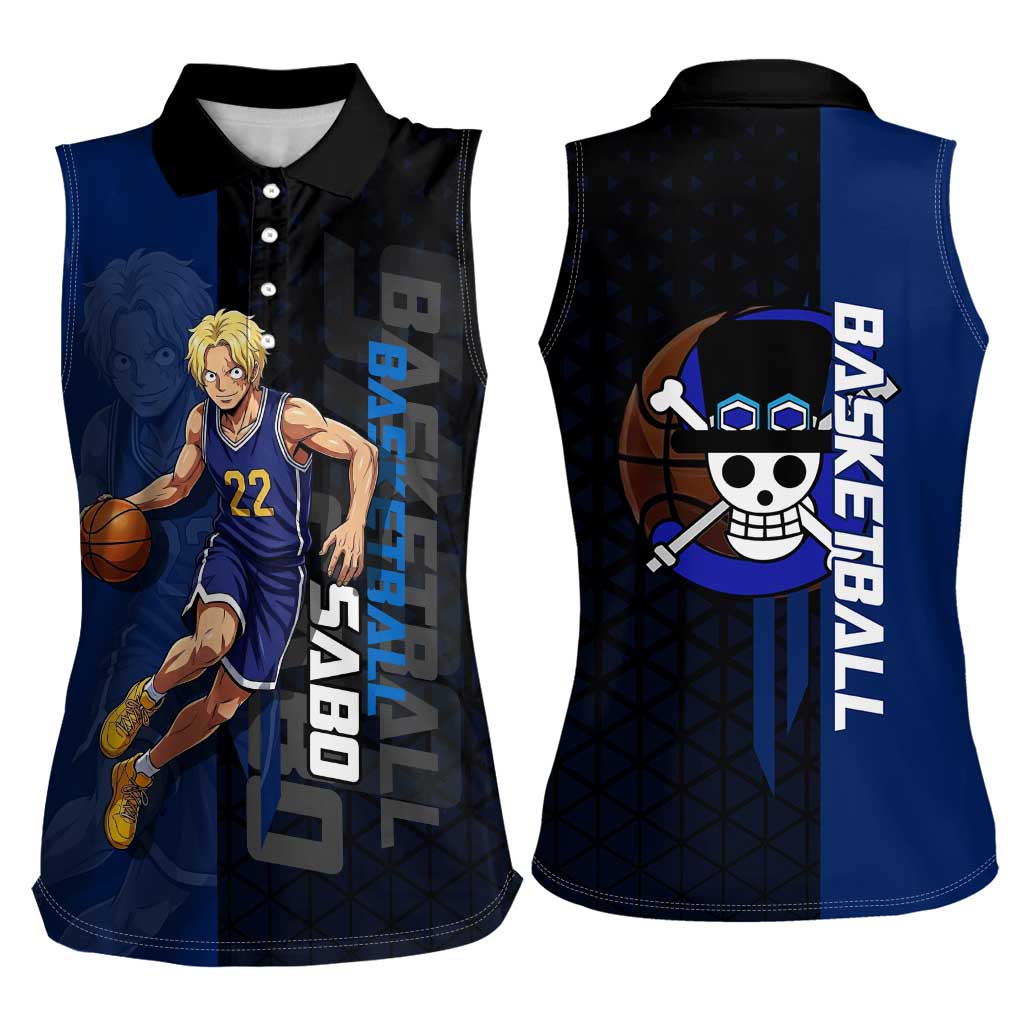 Sabo One Piece Basketball Theme Blue and Black Design Women Sleeveless Polo Shirt with Top Hat Emblem and Action Dribble Pose - The Mazicc