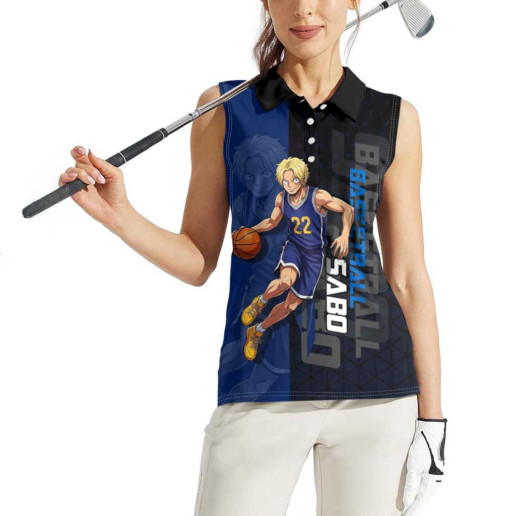 Sabo One Piece Basketball Theme Blue and Black Design Women Sleeveless Polo Shirt with Top Hat Emblem and Action Dribble Pose - The Mazicc