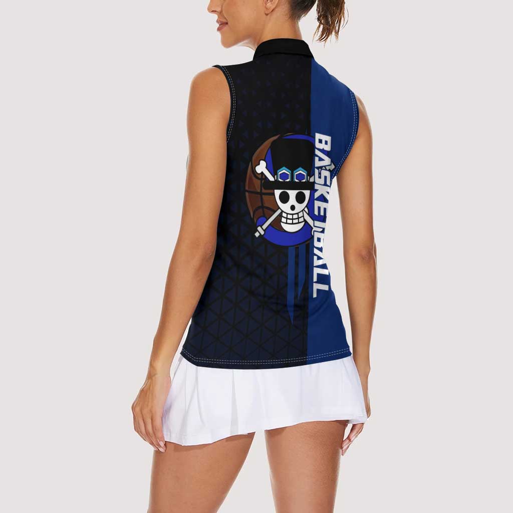 Sabo One Piece Basketball Theme Blue and Black Design Women Sleeveless Polo Shirt with Top Hat Emblem and Action Dribble Pose - The Mazicc