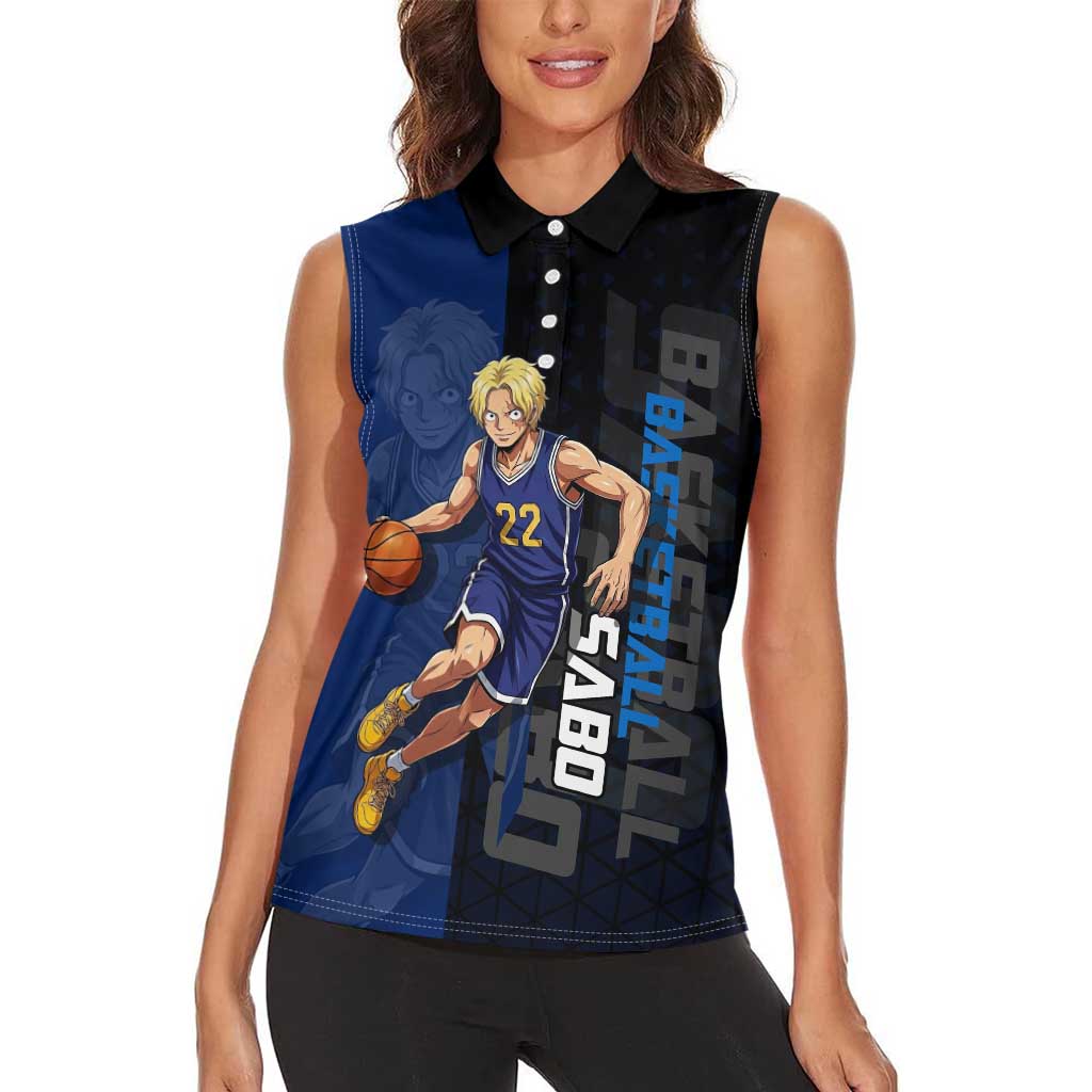 Sabo One Piece Basketball Theme Blue and Black Design Women Sleeveless Polo Shirt with Top Hat Emblem and Action Dribble Pose - The Mazicc