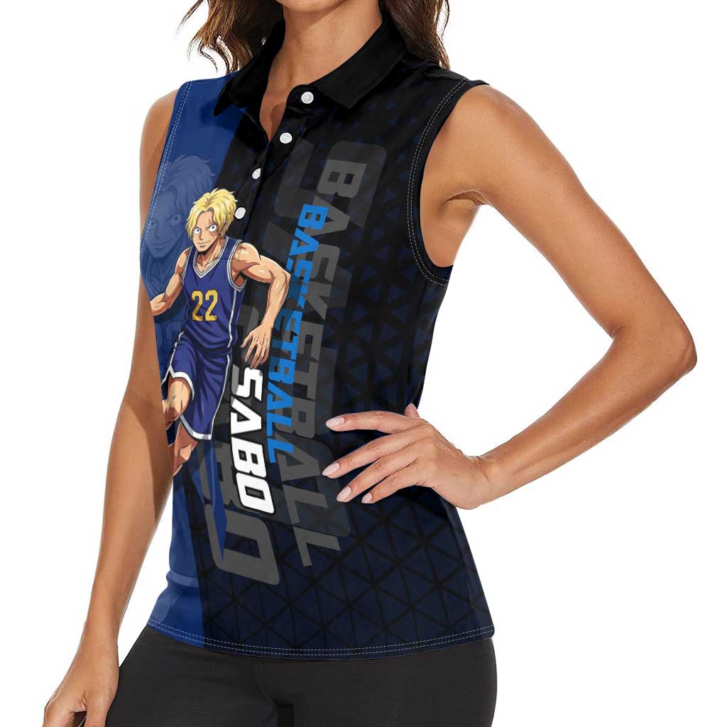 Sabo One Piece Basketball Theme Blue and Black Design Women Sleeveless Polo Shirt with Top Hat Emblem and Action Dribble Pose - The Mazicc