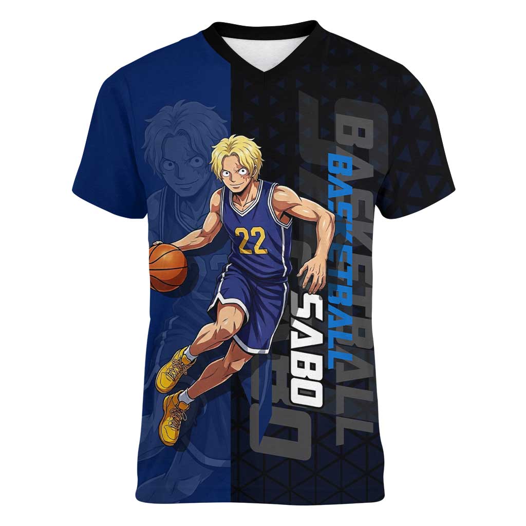 Sabo One Piece Basketball Theme Blue and Black Design Women V-Neck T-Shirt with Top Hat Emblem and Action Dribble Pose - The Mazicc