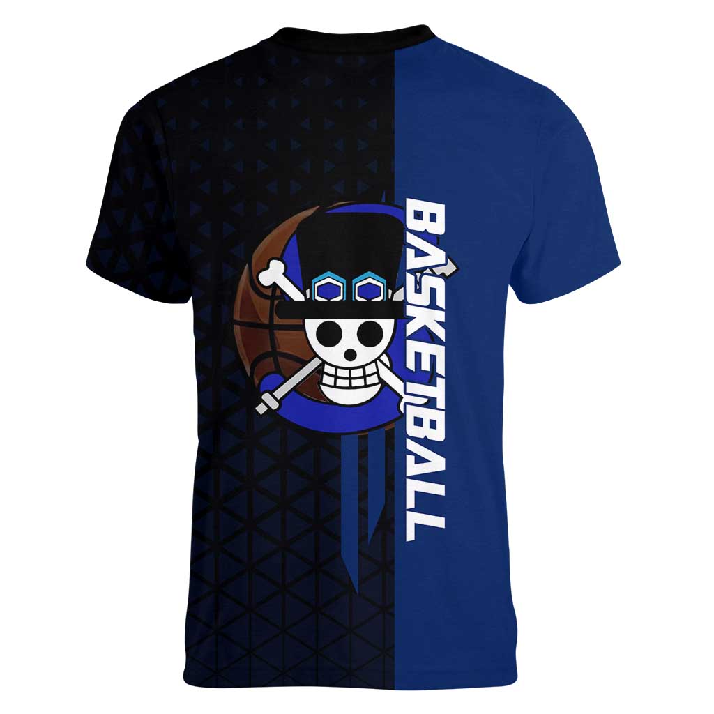 Sabo One Piece Basketball Theme Blue and Black Design Women V-Neck T-Shirt with Top Hat Emblem and Action Dribble Pose - The Mazicc