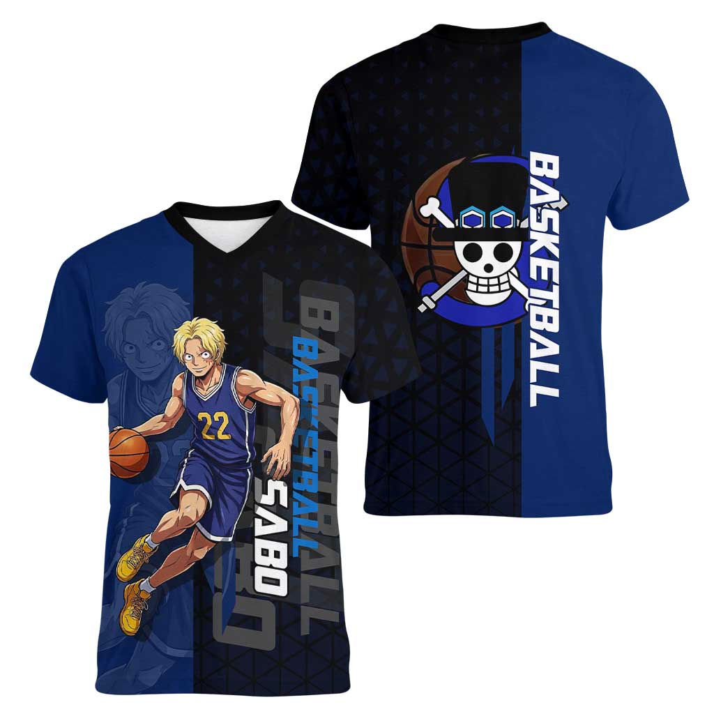 Sabo One Piece Basketball Theme Blue and Black Design Women V-Neck T-Shirt with Top Hat Emblem and Action Dribble Pose - The Mazicc