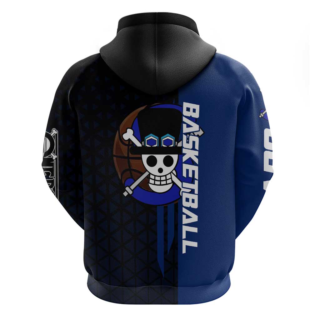 Sabo One Piece Basketball Theme Blue and Black Design Zip Hoodie with Top Hat Emblem and Action Dribble Pose - The Mazicc