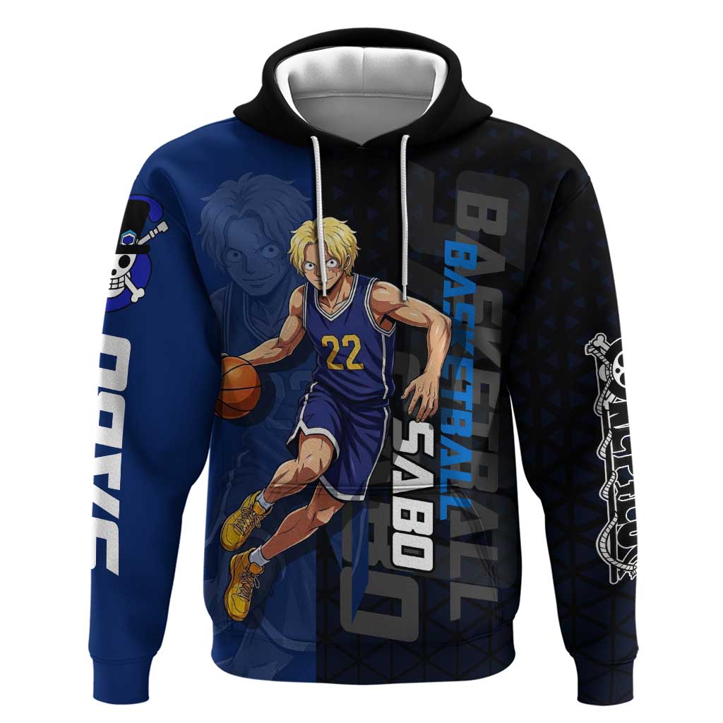 Sabo One Piece Basketball Theme Blue and Black Design Zip Hoodie with Top Hat Emblem and Action Dribble Pose - The Mazicc