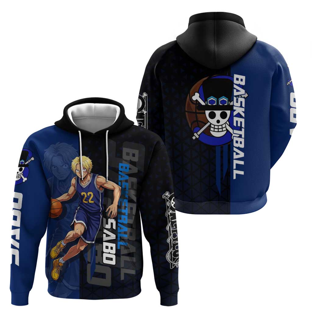 Sabo One Piece Basketball Theme Blue and Black Design Zip Hoodie with Top Hat Emblem and Action Dribble Pose - The Mazicc