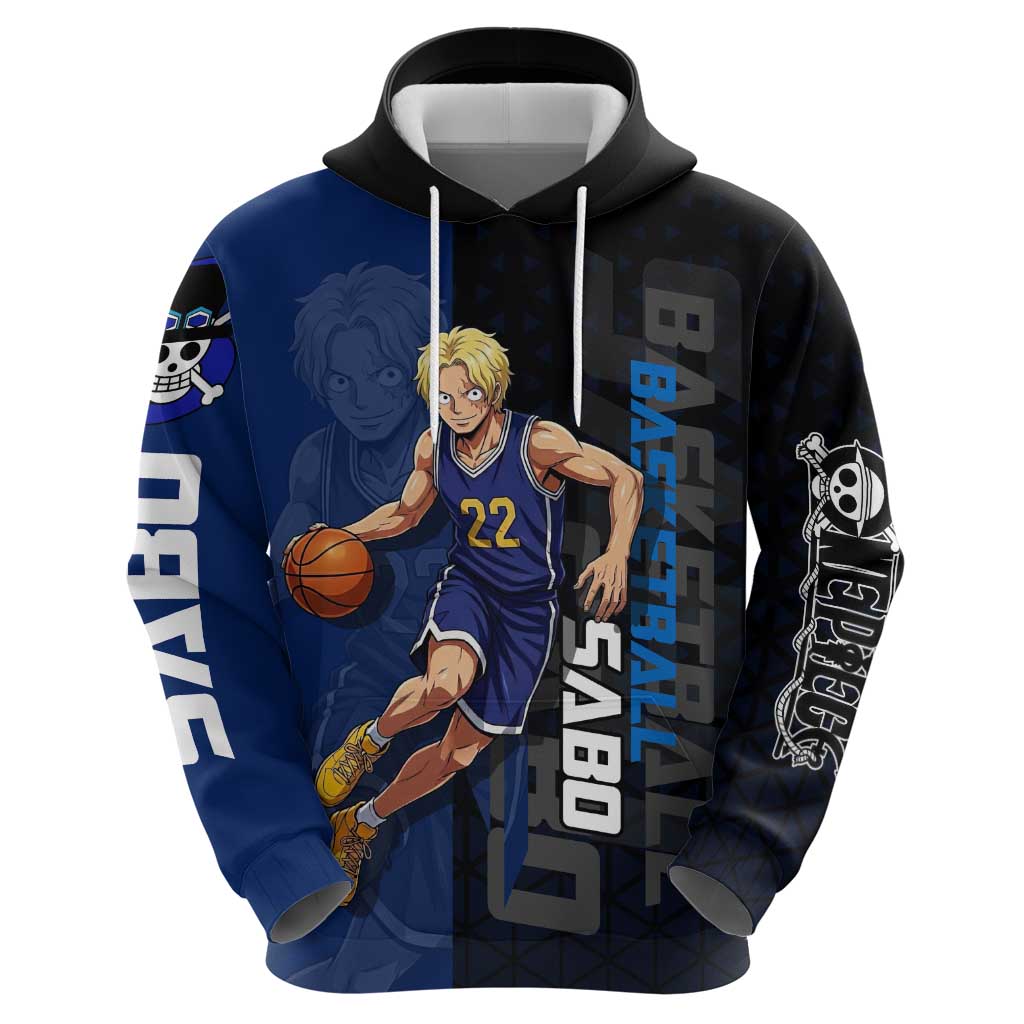 Sabo One Piece Basketball Theme Blue and Black Design Zip Hoodie with Top Hat Emblem and Action Dribble Pose - The Mazicc