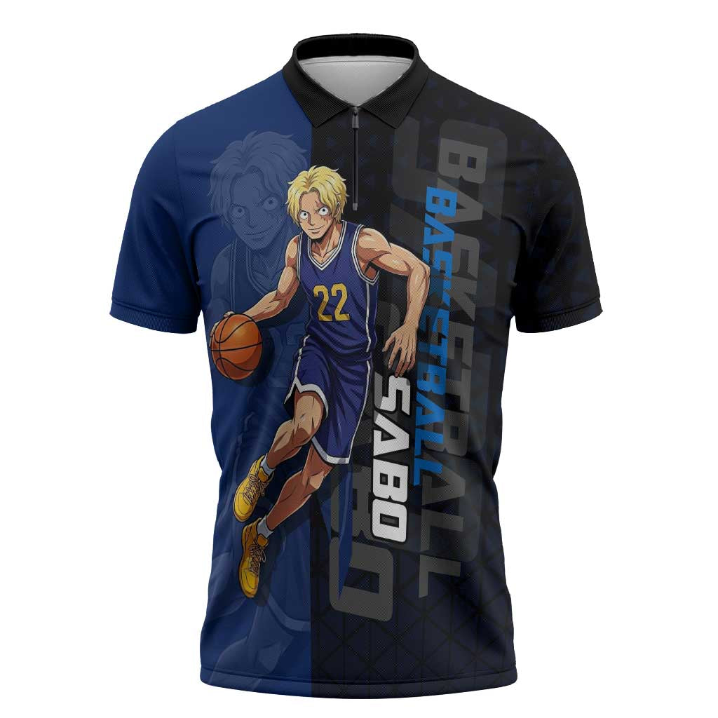 Sabo One Piece Basketball Theme Blue and Black Design Zipper Polo Shirt with Top Hat Emblem and Action Dribble Pose - The Mazicc