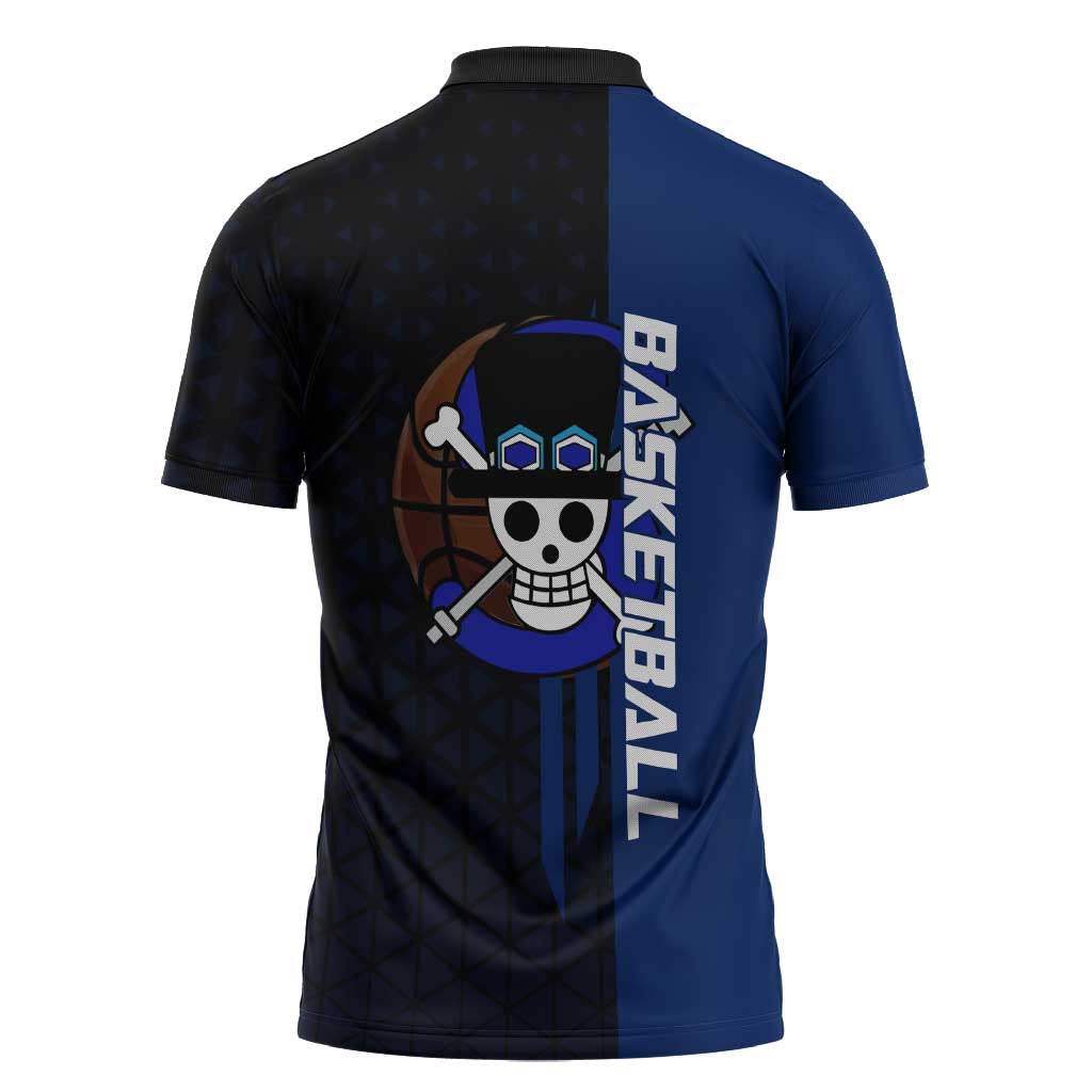 Sabo One Piece Basketball Theme Blue and Black Design Zipper Polo Shirt with Top Hat Emblem and Action Dribble Pose - The Mazicc