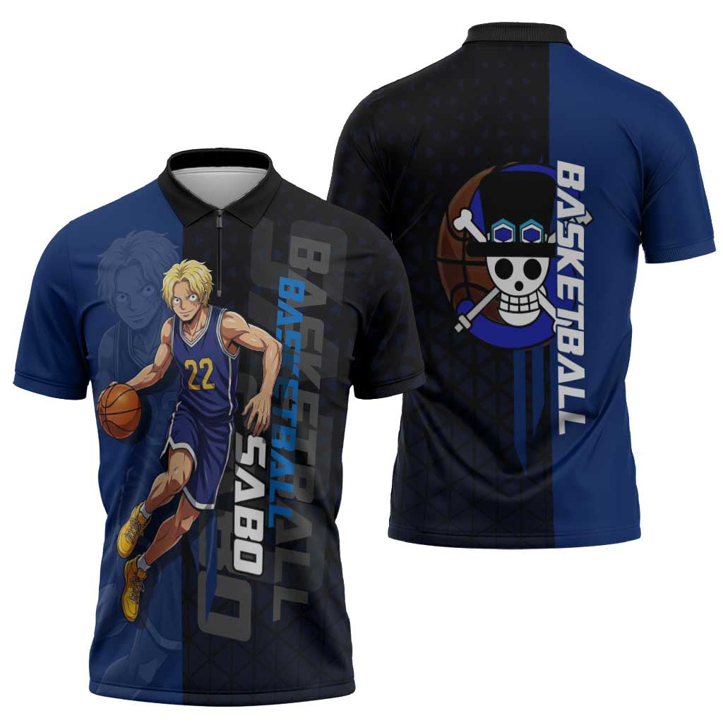 Sabo One Piece Basketball Theme Blue and Black Design Zipper Polo Shirt with Top Hat Emblem and Action Dribble Pose - The Mazicc