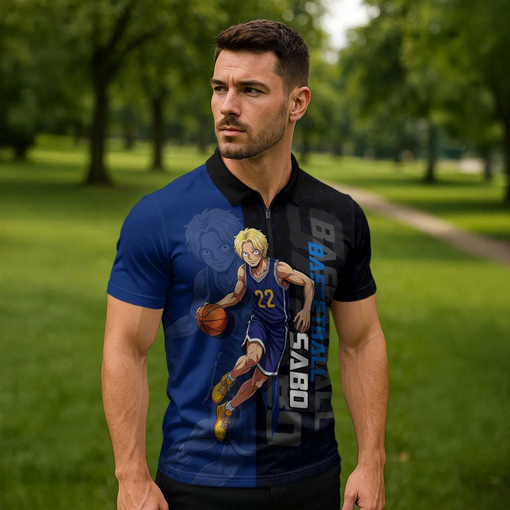 Sabo One Piece Basketball Theme Blue and Black Design Zipper Polo Shirt with Top Hat Emblem and Action Dribble Pose - The Mazicc
