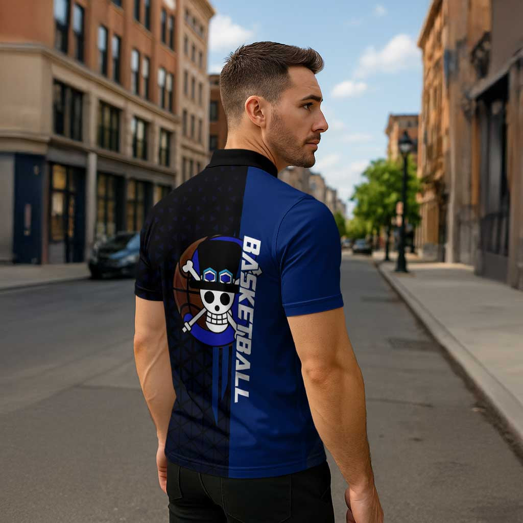 Sabo One Piece Basketball Theme Blue and Black Design Zipper Polo Shirt with Top Hat Emblem and Action Dribble Pose - The Mazicc