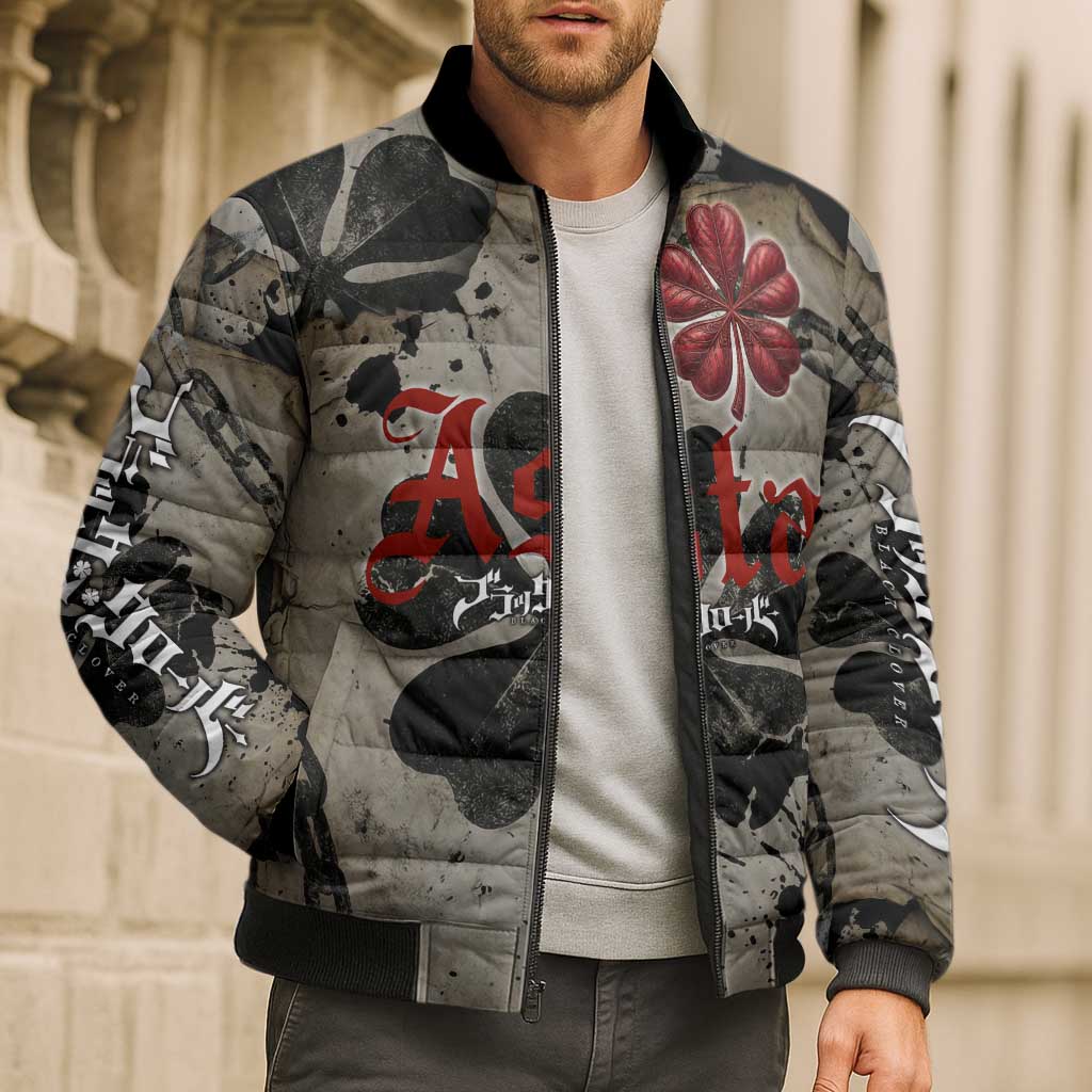 Asta Black Clover Bomber Puffer Jacket Grunge Anime Style with Gothic Clover Symbolism