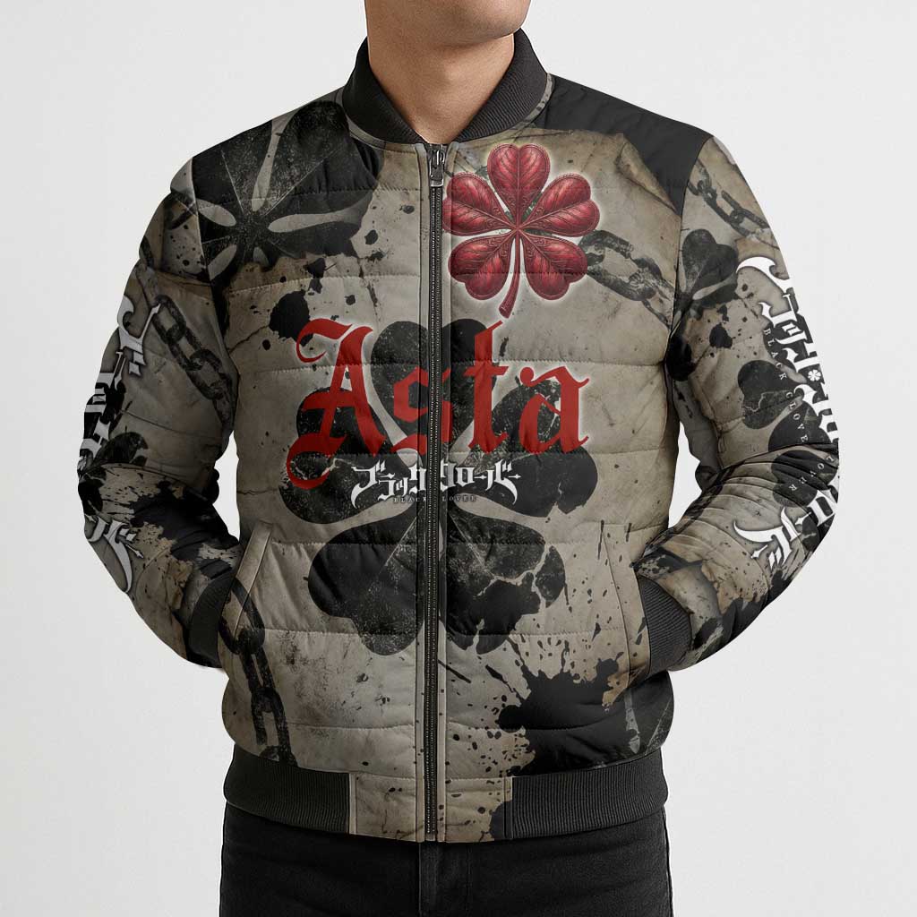 Asta Black Clover Bomber Puffer Jacket Grunge Anime Style with Gothic Clover Symbolism