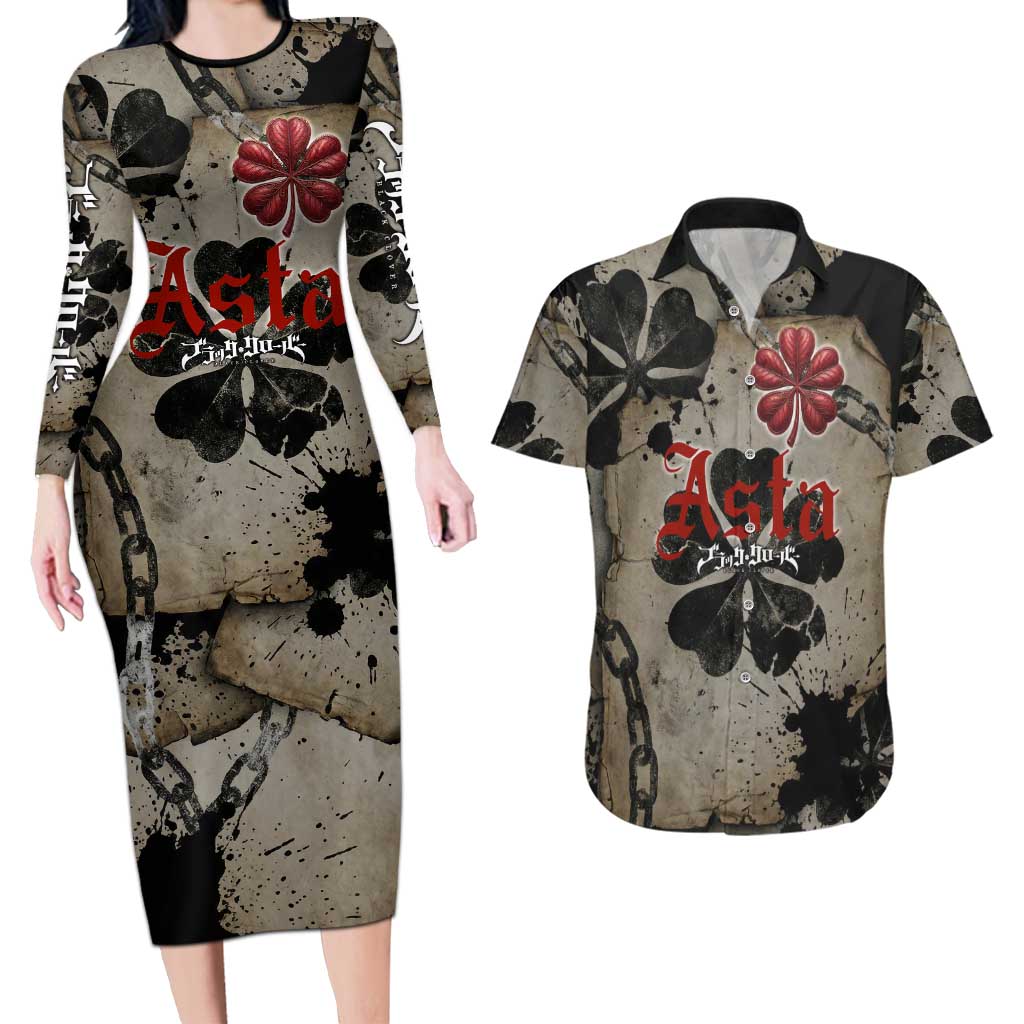 Asta Black Clover Couples Matching Long Sleeve Bodycon Dress and Hawaiian Shirt Grunge Anime Style with Gothic Clover Symbolism