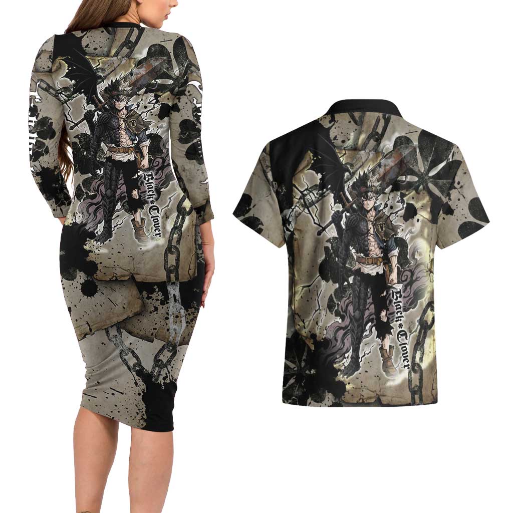 Asta Black Clover Couples Matching Long Sleeve Bodycon Dress and Hawaiian Shirt Grunge Anime Style with Gothic Clover Symbolism