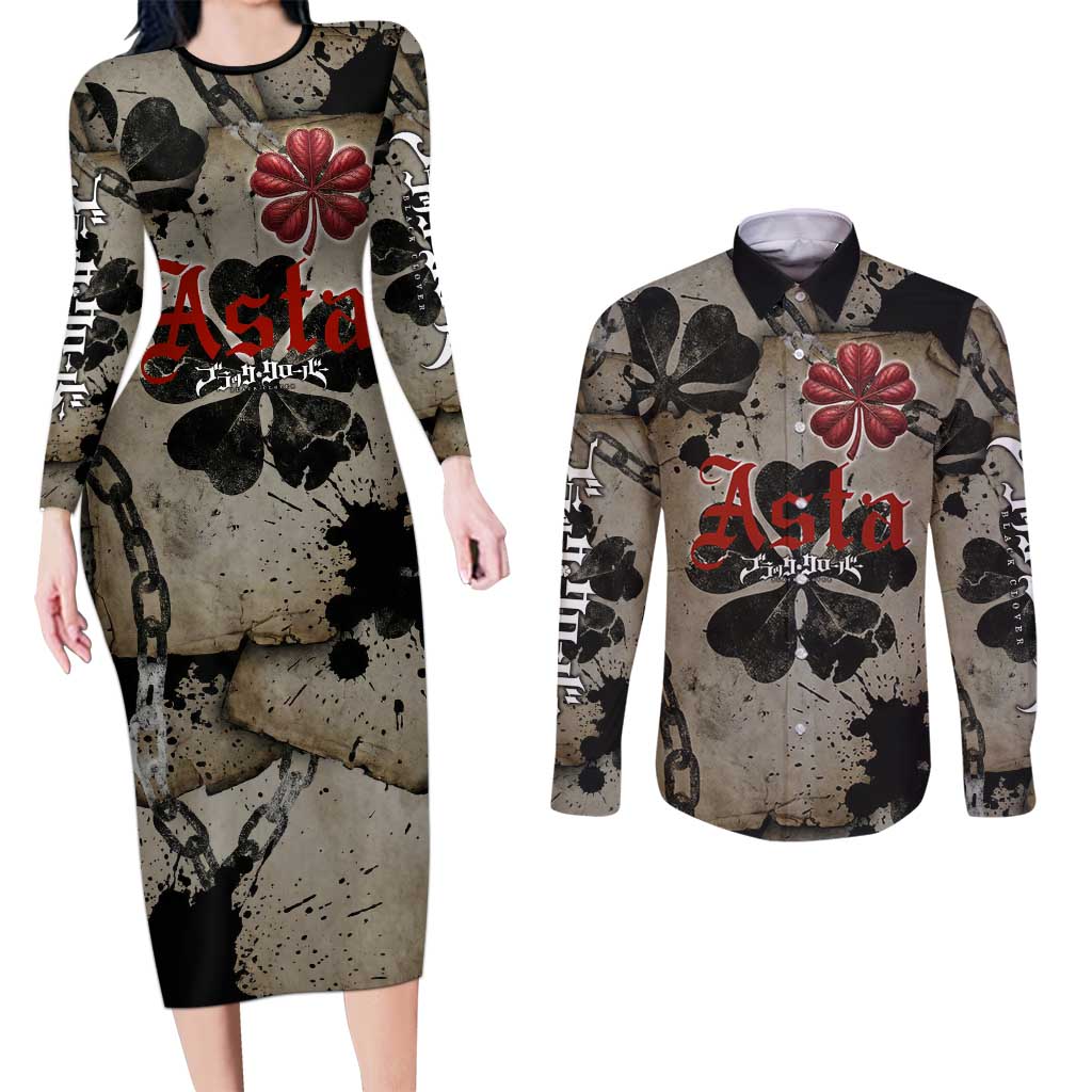Asta Black Clover Couples Matching Long Sleeve Bodycon Dress and Long Sleeve Button Shirt Grunge Anime Style with Gothic Clover Symbolism