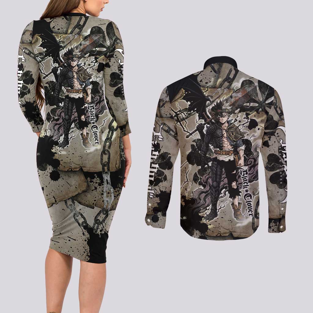 Asta Black Clover Couples Matching Long Sleeve Bodycon Dress and Long Sleeve Button Shirt Grunge Anime Style with Gothic Clover Symbolism
