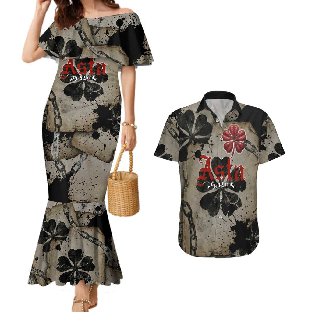 Asta Black Clover Couples Matching Mermaid Dress and Hawaiian Shirt Grunge Anime Style with Gothic Clover Symbolism