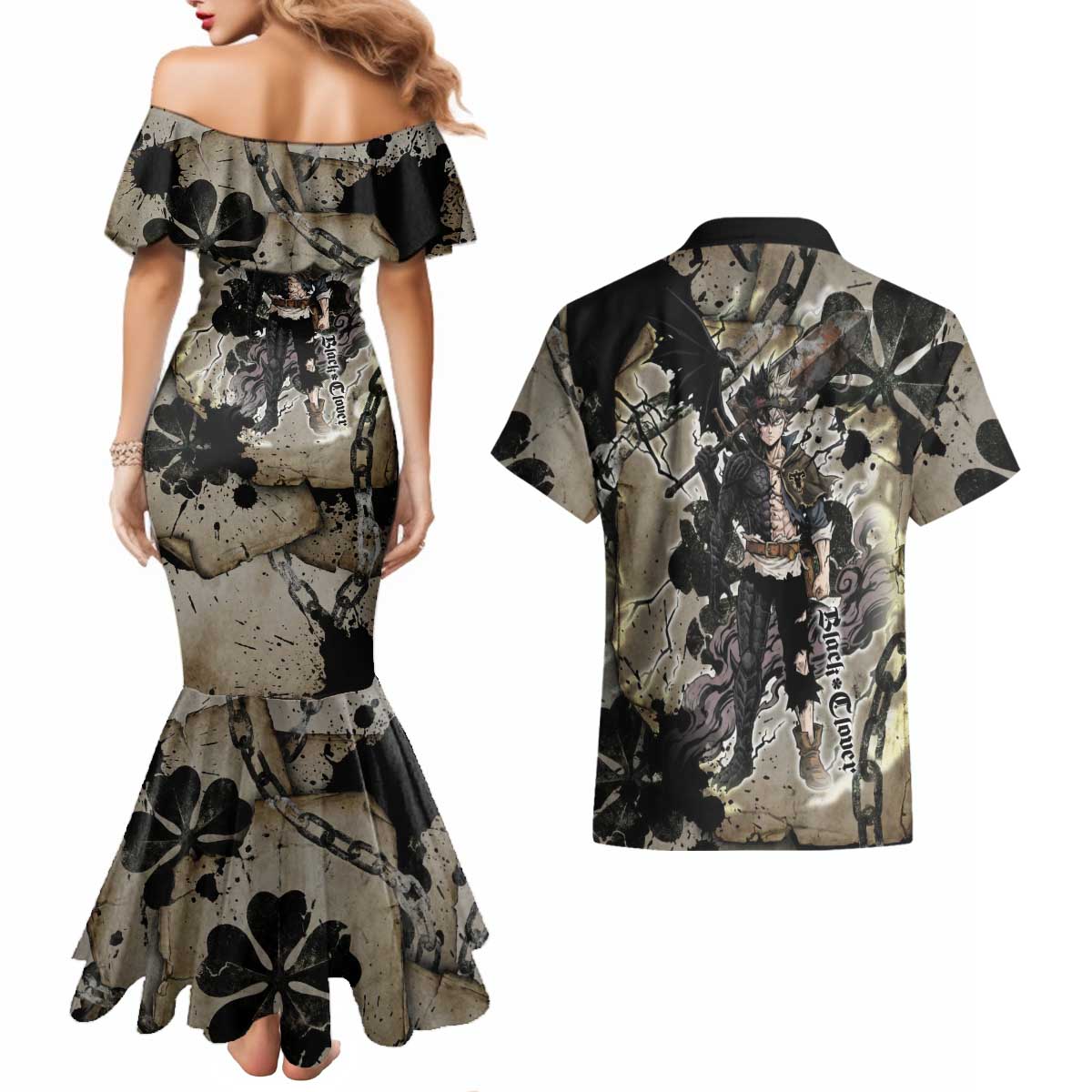 Asta Black Clover Couples Matching Mermaid Dress and Hawaiian Shirt Grunge Anime Style with Gothic Clover Symbolism
