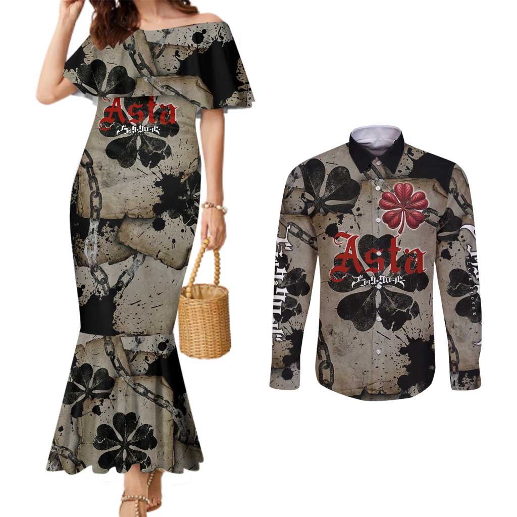 Asta Black Clover Couples Matching Mermaid Dress and Long Sleeve Button Shirt Grunge Anime Style with Gothic Clover Symbolism