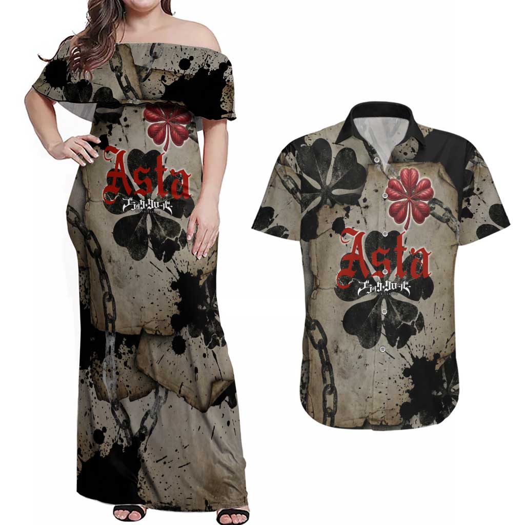 Asta Black Clover Couples Matching Off Shoulder Maxi Dress and Hawaiian Shirt Grunge Anime Style with Gothic Clover Symbolism