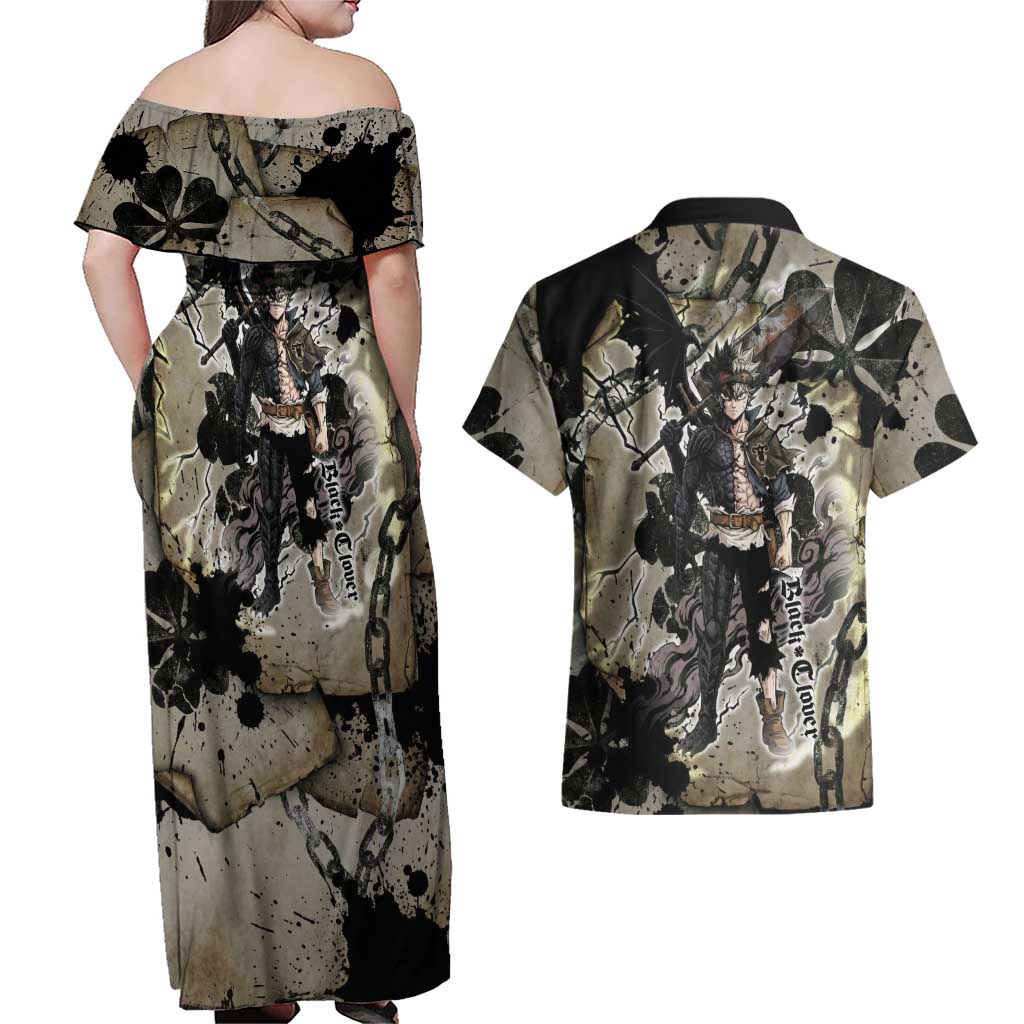 Asta Black Clover Couples Matching Off Shoulder Maxi Dress and Hawaiian Shirt Grunge Anime Style with Gothic Clover Symbolism