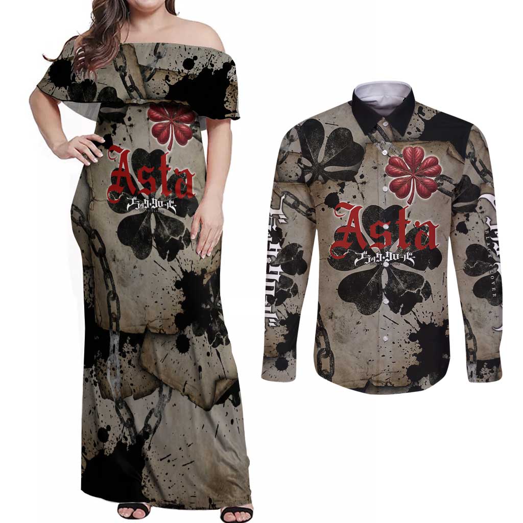 Asta Black Clover Couples Matching Off Shoulder Maxi Dress and Long Sleeve Button Shirt Grunge Anime Style with Gothic Clover Symbolism