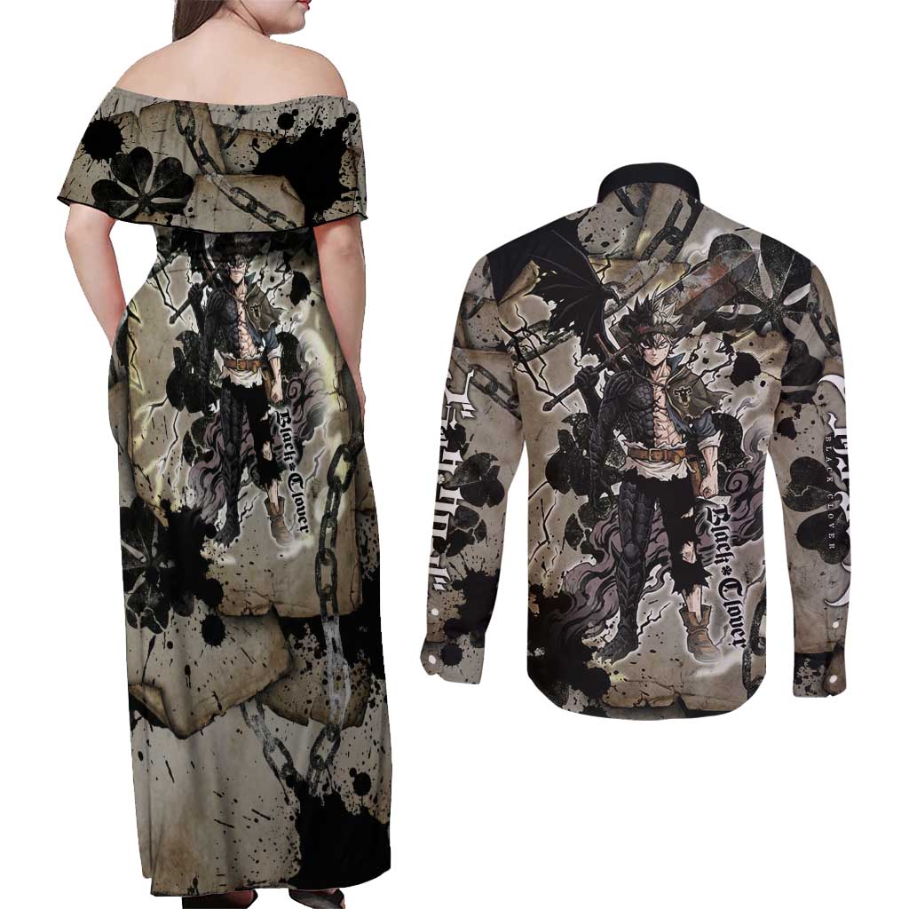 Asta Black Clover Couples Matching Off Shoulder Maxi Dress and Long Sleeve Button Shirt Grunge Anime Style with Gothic Clover Symbolism