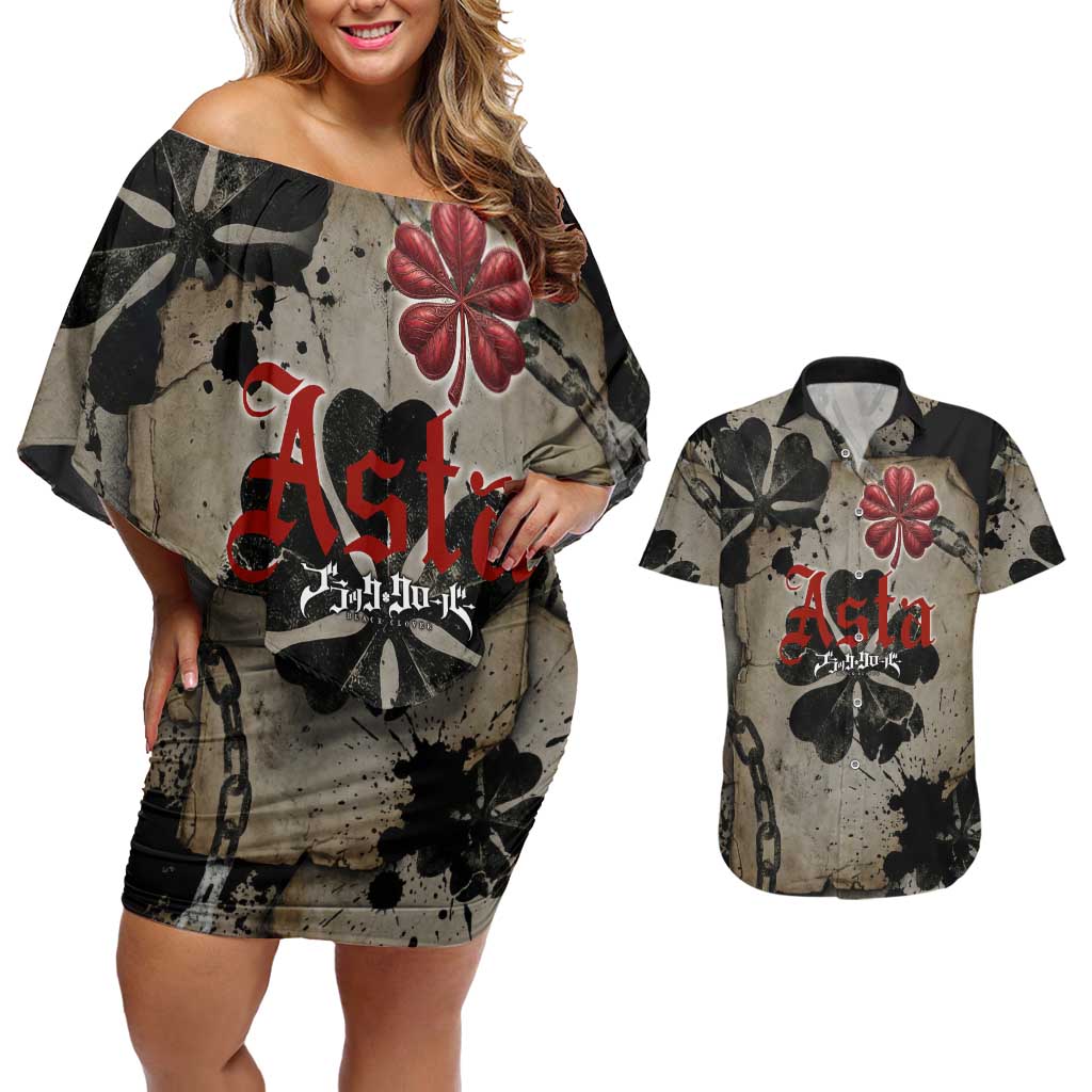 Asta Black Clover Couples Matching Off Shoulder Short Dress and Hawaiian Shirt Grunge Anime Style with Gothic Clover Symbolism