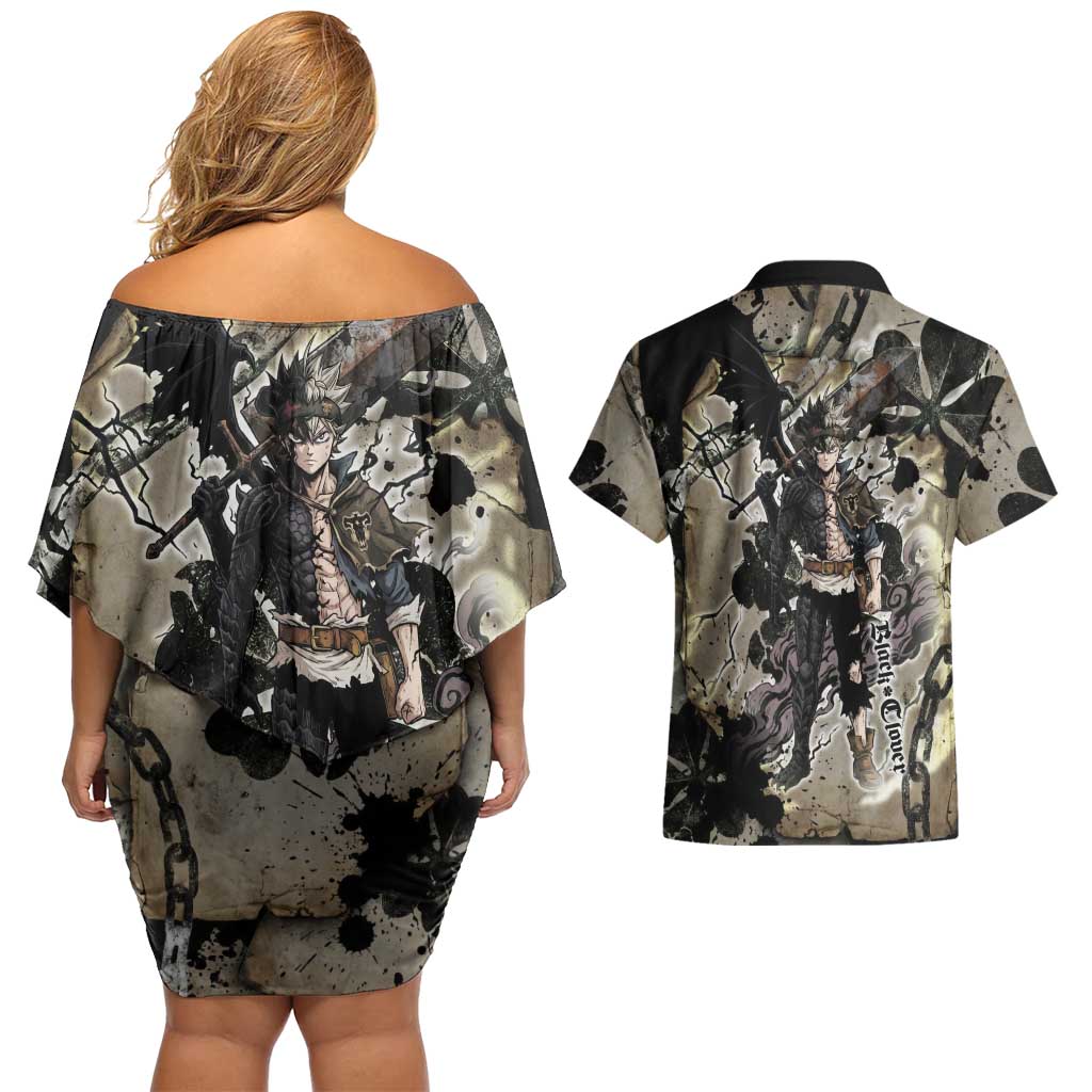 Asta Black Clover Couples Matching Off Shoulder Short Dress and Hawaiian Shirt Grunge Anime Style with Gothic Clover Symbolism
