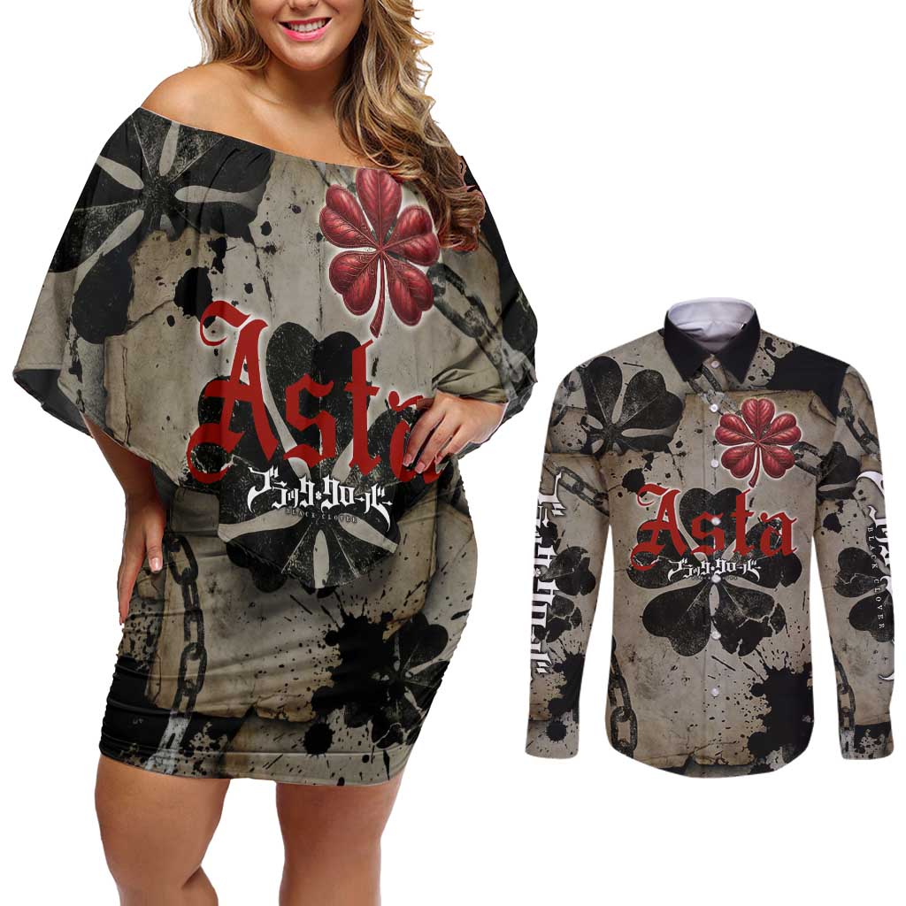 Asta Black Clover Couples Matching Off Shoulder Short Dress and Long Sleeve Button Shirt Grunge Anime Style with Gothic Clover Symbolism
